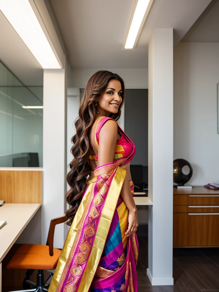 A modern, well-lit office in São Paulo. Sunlight streams through the window, illuminating a spacious corner office.A vibrant 70-year-old Brazilian woman with a warm smile. Dressed in a stunning, colorful Indian saree, her long, 3c curly hair gleams with reflected light from strategically applied hair cream. It cascades down her back in defined, smooth coils, framing her face with sleek, combed hairlines. Her scalp is healthy and visible.A 40-year-old French woman with a sharp haircut. Her hair is meticulously styled in four French braids, each gleaming with gel and showcasing the clean lines of her partings. Dressed in a stylish coat, she exudes an air of professionalism.