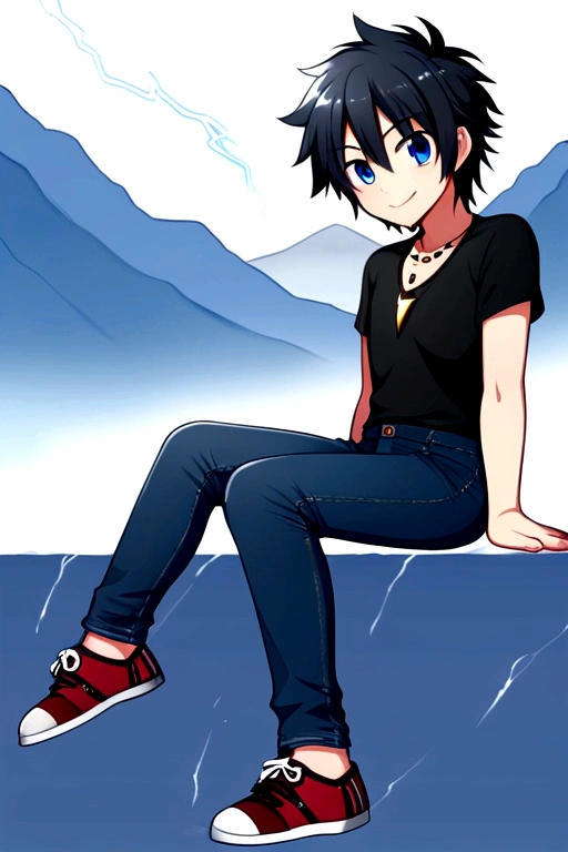 a young boy of 28 years old, ohma tokita, symmetrical face, defined body, sharp chin, blue eyes, short hair on both sides of the head, short hair on top, long hair at the nape of the neck, black hair, messy hair, cheerful smile, wearing a jean jacket, a simple black t-shirt, jeans, worn sneakers, necklace with a sapphire stone, in a combat position, destroyed sapphire fragments, lightning coming out of it, in some mountains, thunderstorms, alone