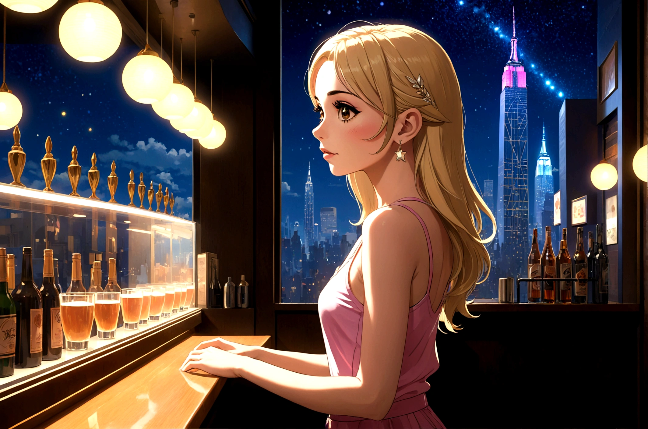 Uses Makoto Shinkai&#39;The depiction is perfect,Portrait of Cher Lloyd,8k 4k masterpiece photo ,new york,Glass ceiling jazz bar,I can see the twinkling stars through the glass window.,that&#39;Outside in the dark night,Jazz is playing,Left-facing profile,Calm expression,Beautiful profile,Semi-long hair,Blonde,Look in a different direction,The main character is standing on the right side of the screen.,Standing alone at the counter,A tight fitting pink tank top,Small bust