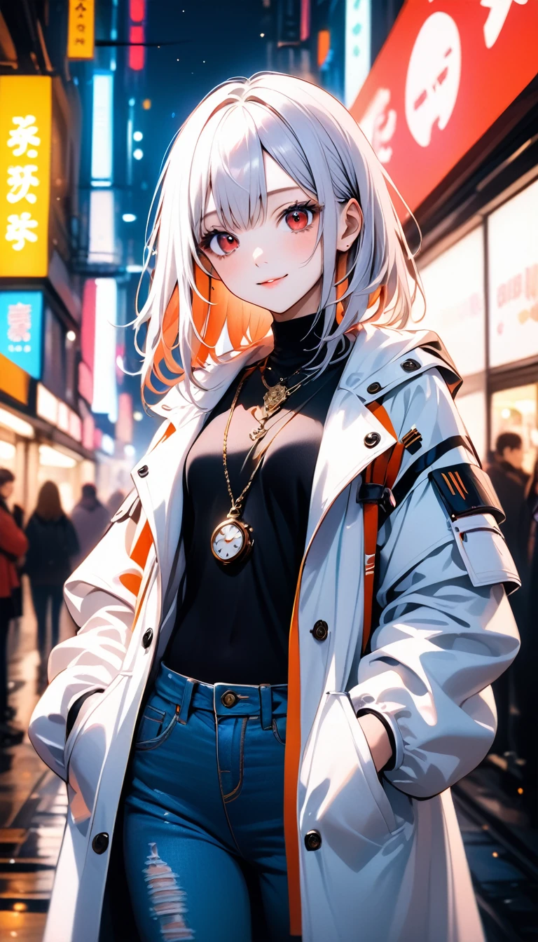 oil painting, 1girl, , slim, small breasts, white hair, hairs between eyes, shoulder length hair, pale skin, bright red eye:1.3, white duffle coat and long-sleeve black sweater, open jacket, jeans, gold pocket watches hanging from the neck, BREAK kawaii, smile, cowboy shot, pose, (cyberpunk:1.3), city, neon light, (light particle:1.3), BREAK detailed face, smooth skin, cinematic lighting, volumetric shadow, BREAK score_9, score_8_up, score_7_up, (masterpiece:1.2), (best quality:1.2), (very aesthetic:1.2), (absurdres:1.2), (detailed background), newest, (intricate:1.2), ai-generated, BREAK