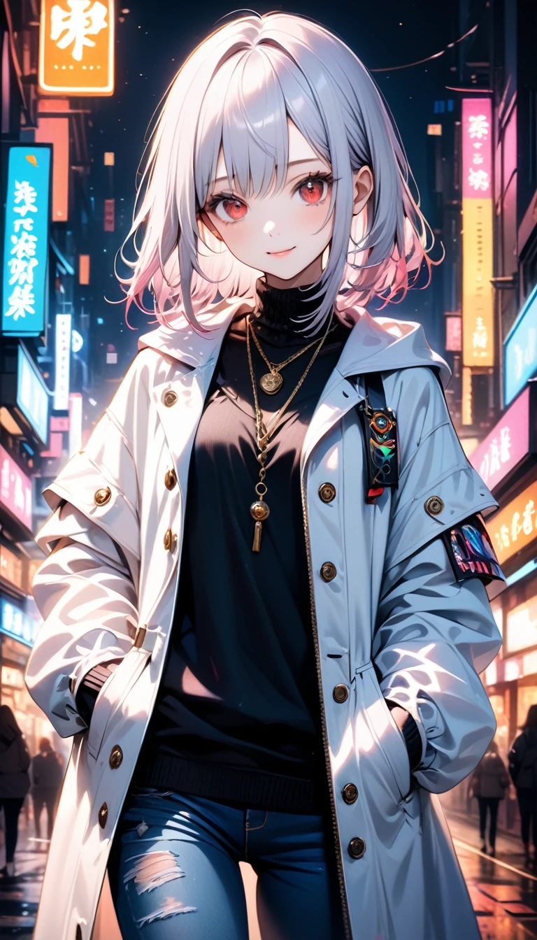 oil painting, 1girl, 15 years old, slim, small breasts, white hair, hairs between eyes, shoulder length hair, pale skin, bright red eye:1.3, white duffle coat and long-sleeve black sweater, open jacket, jeans, gold pocket watches hanging from the neck, BREAK kawaii, smile, cowboy shot, pose, (cyberpunk:1.3), city, neon light, (light particle:1.3), BREAK detailed face, smooth skin, cinematic lighting, volumetric shadow, BREAK score_9, score_8_up, score_7_up, (masterpiece:1.2), (best quality:1.2), (very aesthetic:1.2), (absurdres:1.2), (detailed background), newest, (intricate:1.2), ai-generated, BREAK