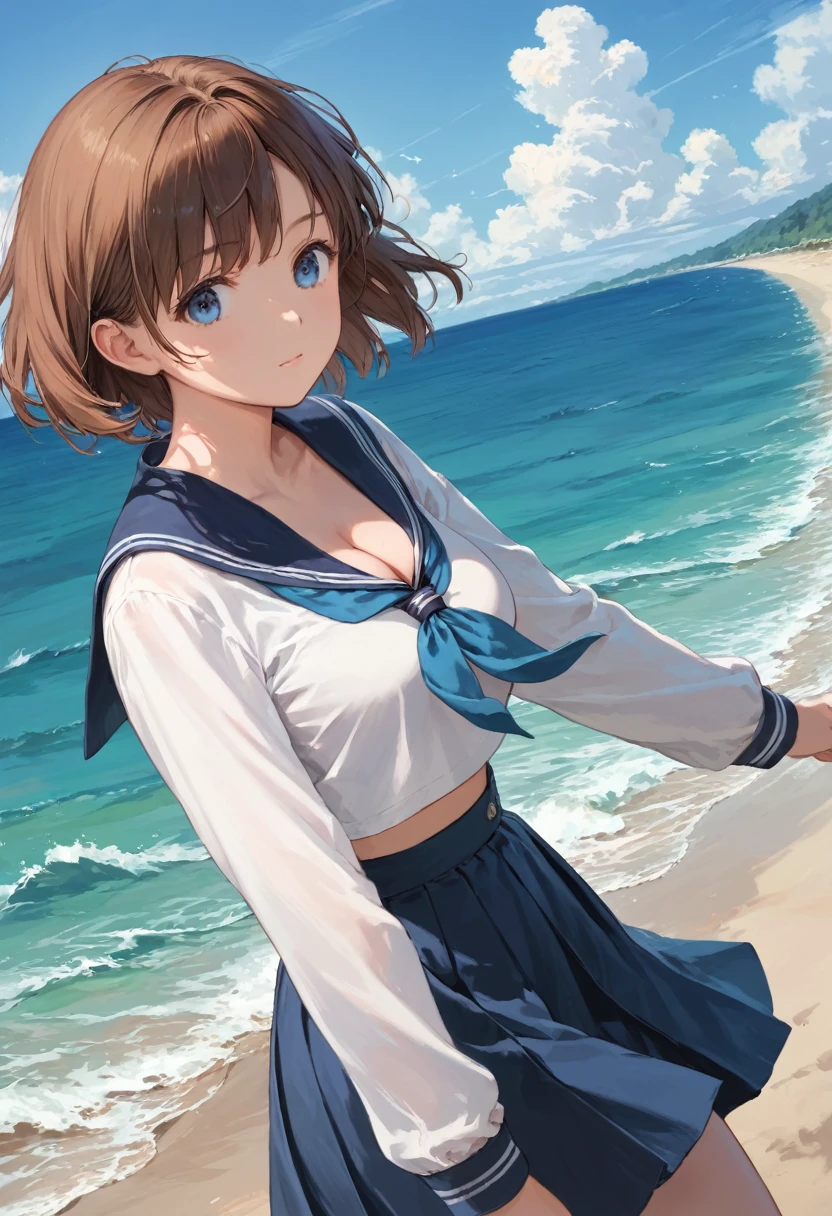 score_9,score_8_up,score_7_up,source_anime,cowboy shot,masterpiece,best quality,details background,extremely detailed,1girl, brown hair, blue eyes,medium breasts,short hair, serafuku, long sleeves,day break,sea,cleavage,