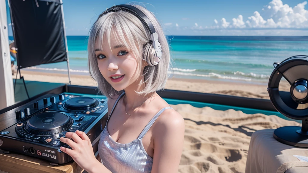 (ultra - detailed, 16K resolution, Cinema lenses, rendering by octane), (high resolution:1.18), intricate detail, (masterpiece:1.1), (highest quality:1.1), (1girl, portrait, white hair, blue eyes, short hair, detailed eyes),Wearing silver DJ headphones, Shiny silver sequined T-shirt, (in the beach:1.5), (Iconic hip-hop pop costumes:1.3), Smile while DJing on stage, DJ studio next to the beach, ((A stylish DJ stage on a hill overlooking the beach)), full body shot, Photorealistic photography by Sunshine, (cute round face:1.3), perfect fingers, five fingers, beautiful hands, perfect hands. master peace, cute smile.
