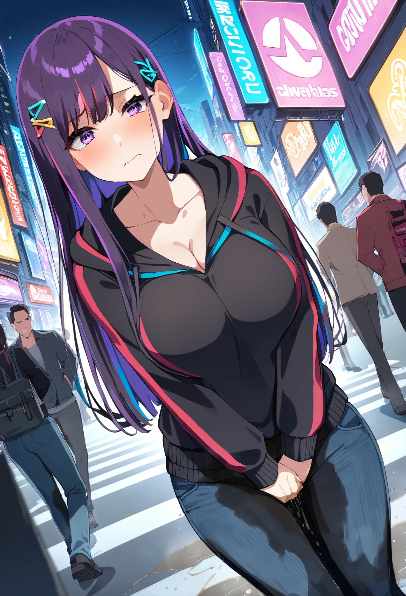 (masterpiece:1.37), best quality, (extremely detailed:1.37), (1girl:1.5), woman, (mature:1.5), (adult:1.5), large breasts, very long hair, (straight hair:1.5), (very dark purple hair:1.5), purple eyes, (extremely detailed eyes:1.37), hoodie, jeans, desperation, (wetting self:1.5), standing, embarrassed, humiliation, blushing, angry, city, futuristic, neon lighting, high-tech, street, skyscraper