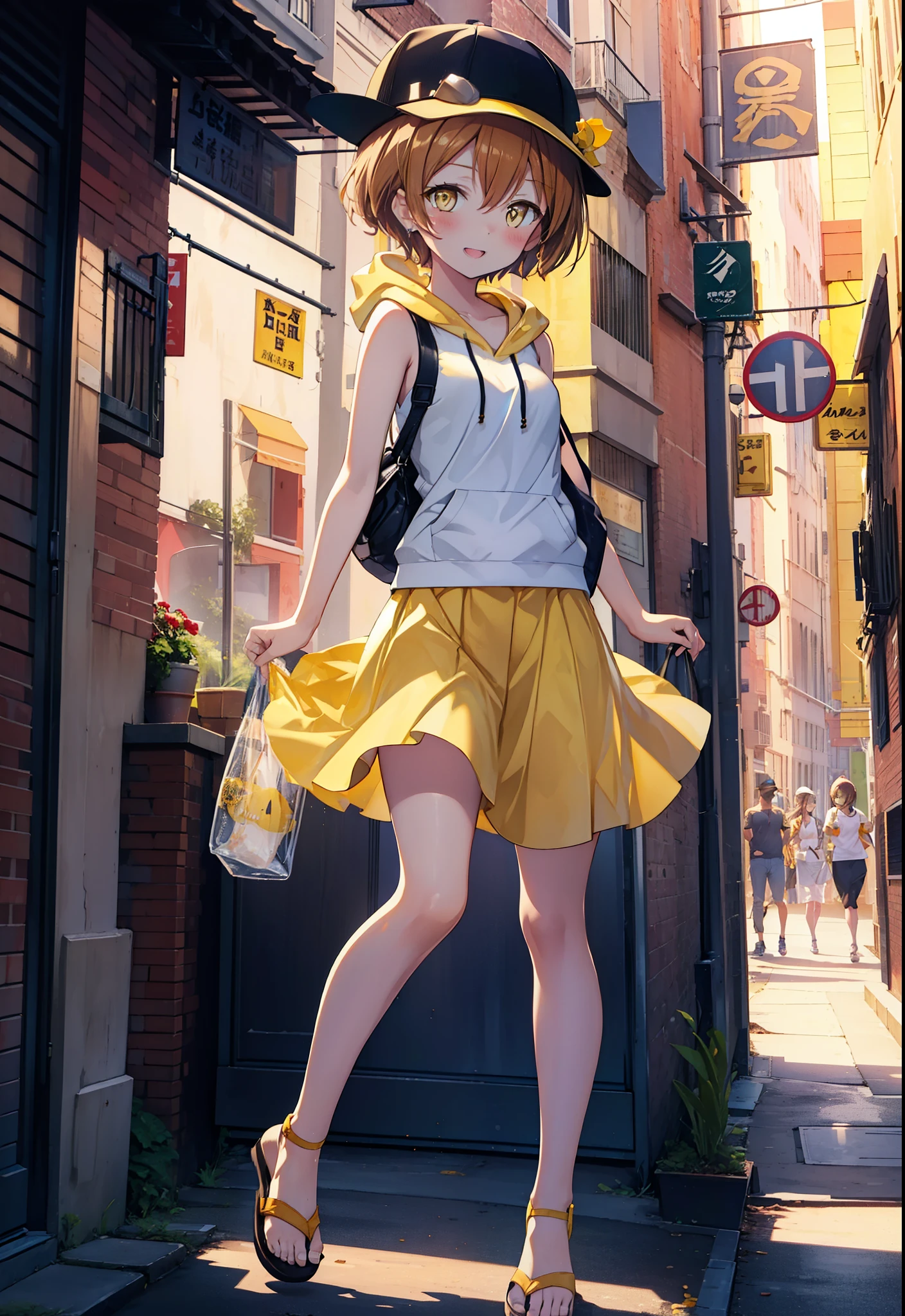 Rin Hoshizora (Yellow Eyes:1.5), Hair between the eyes, Brown Hair,Short Hair,blush,happy smile, smile, Open your mouth,Baseball hats,Sleeveless hoodie,Bare arms,Long skirt,Cute Sandals,Daytime,Clear skies,Walking,whole bodyがイラストに入るように, 　　　　　　　　　　　break looking at viewer, whole body 　　　　　　　　break outdoors, Building district, 　　　　　　　　　　　break (masterpiece:1.2), Highest quality, High resolution, unity 8k wallpaper, (figure:0.8), (Beautiful attention to detail:1.6), Highly detailed face, Perfect lighting, Highly detailed CG, (Perfect hands, Perfect Anatomy),