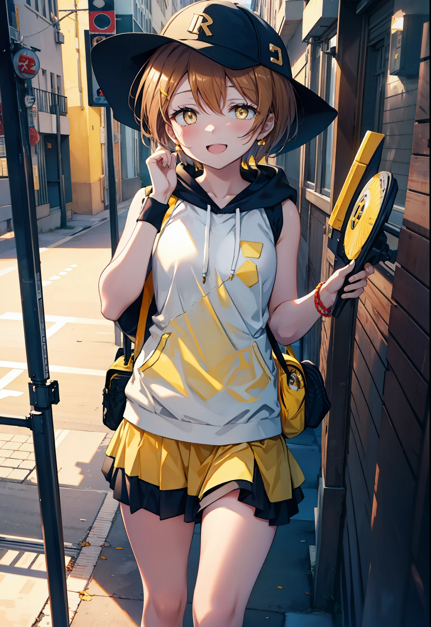 Rin Hoshizora (Yellow Eyes:1.5), Hair between the eyes, Brown Hair,Short Hair,blush,happy smile, smile, Open your mouth,Baseball hats,Sleeveless hoodie,Bare arms,Long skirt,Cute Sandals,Daytime,Clear skies,Walking,whole bodyがイラストに入るように, 　　　　　　　　　　　break looking at viewer, whole body 　　　　　　　　break outdoors, Building district, 　　　　　　　　　　　break (masterpiece:1.2), Highest quality, High resolution, unity 8k wallpaper, (figure:0.8), (Beautiful attention to detail:1.6), Highly detailed face, Perfect lighting, Highly detailed CG, (Perfect hands, Perfect Anatomy),