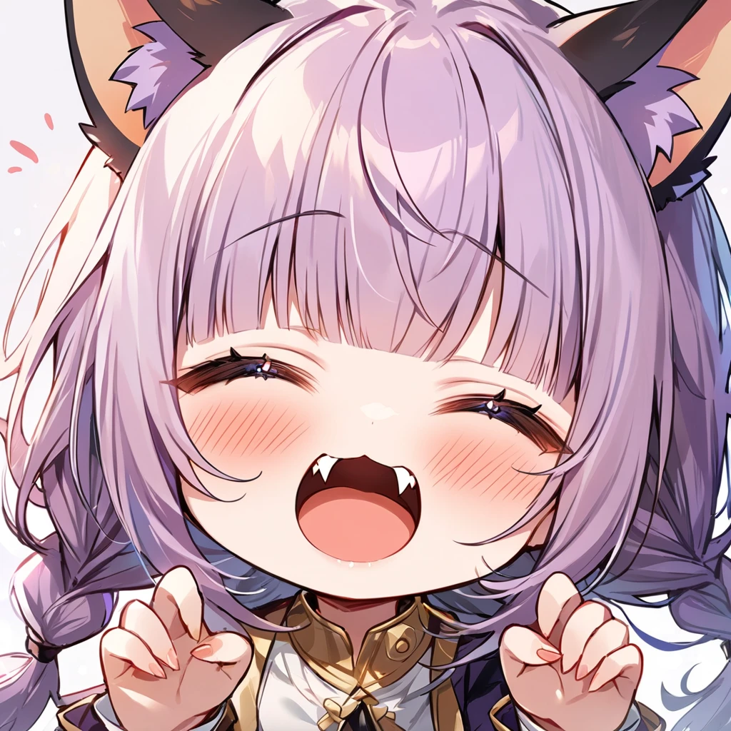 Top quality, masterpiece, chibi character, animal ear girl, peal purple and blunt bangs hair, twin braids, eyes closed, mouth wide open and screaming, blushing, smilng,fangs,