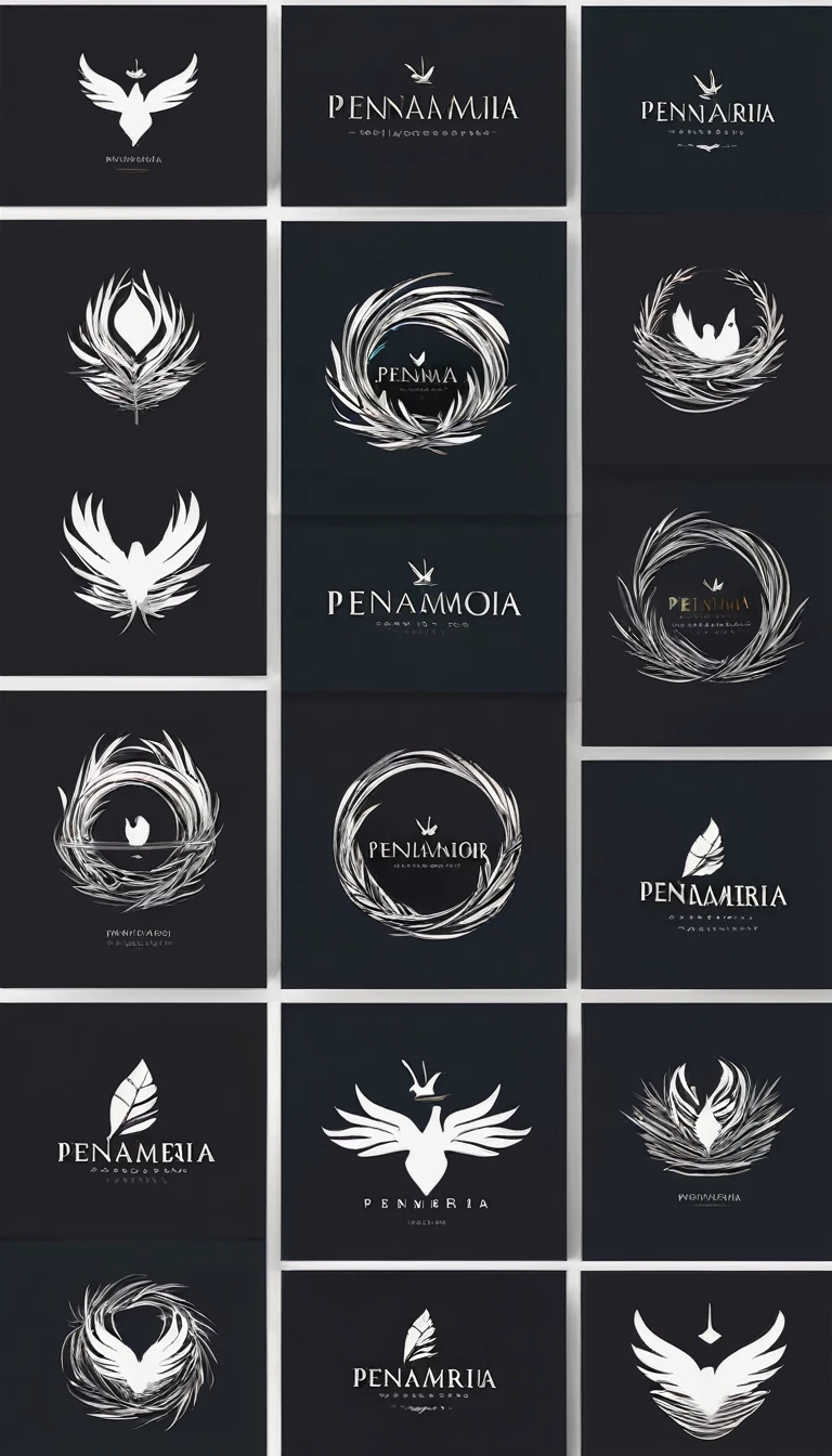 A minimal, modern, simple, cinematic logo design for the brand “Penamemoria". Create a modern, minimalistic, high-quality, logo of a boy inside a nest made of feathers. The logo must be a symbol for dreams, stories, memories, music and imagination.
