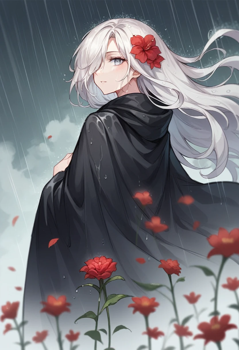 1girl,solo,1girl,solo,((beautiful detailed eyes)), (detailed light),depth of field,(white hair),silver eyes,hair over one eye,(red flower ), hair flower,long hair,black cloak,wet,emotionless,looking back,night,starfall,raining,fog,red flowers falling,sketch,