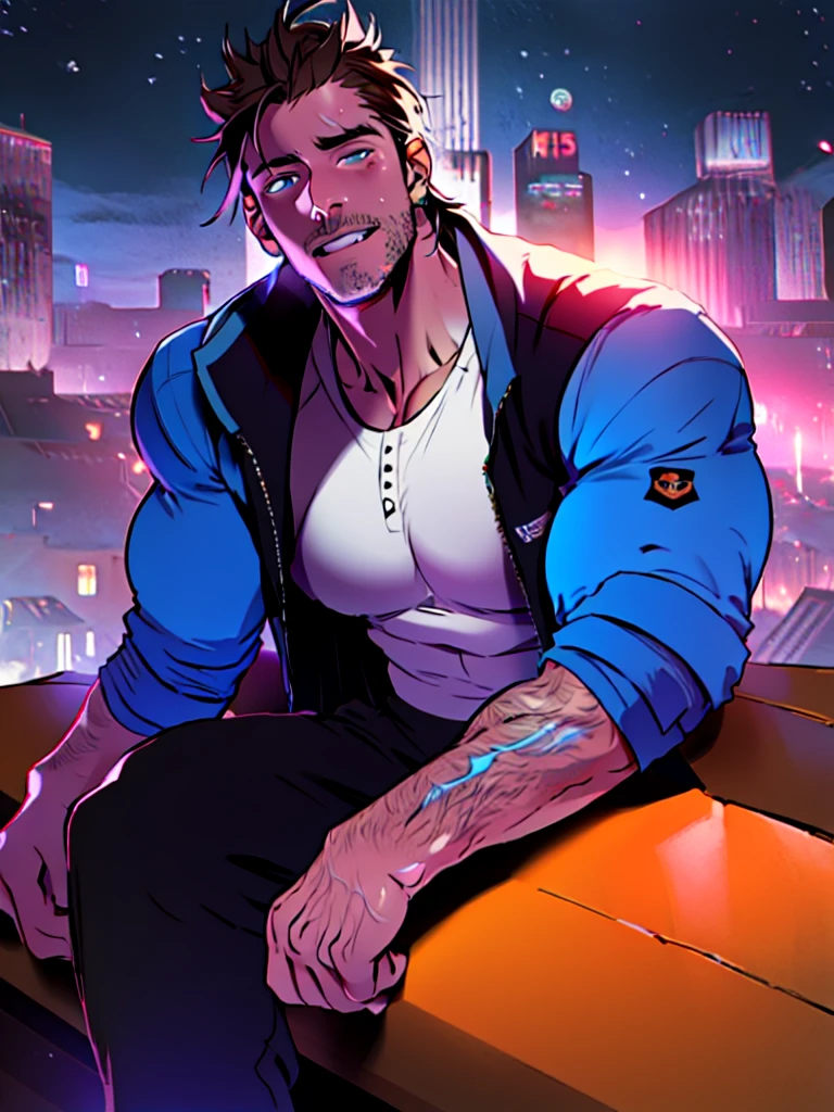 30 years old, male, ponytail, full beard, dark brown hair, sitting on top of a building, smile on face, open vest, blue clothes, bare hairy chest, neoprene pants, neon details, worked body, cyberpunk city background, starry sky, night, (Best Quality, 4k, 8k, high resolution, Masterpiece: 1.2), ultra detailed, Male portrait, very detailed face, detailed facial features, muscular build, spectacular lighting
