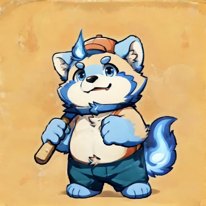 solo, botailang,Cute face, (baseball cap, Wielding Baseball bat) ,(Sideways, sidled), Chubby,(white eyebrows:1.1),(blue eyes),Simple background, Blue Background,print style。（Artist:Takemoto Arashi），blue fire ，blue fire above the eyebrows