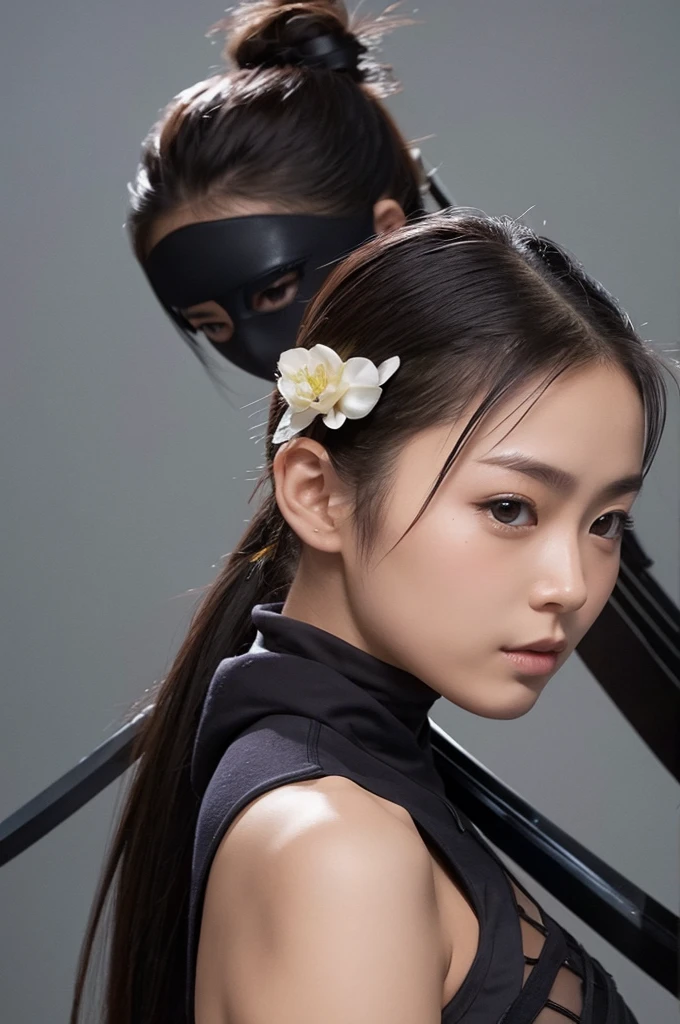 female pair photograph naked whole body ponytail Female ninja Japanese sword Japanese
