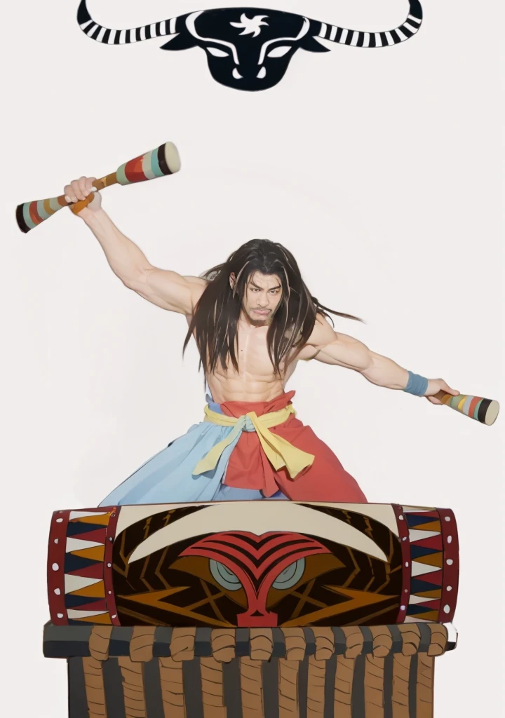 A Wa man playing drums，Wheat skin color，long hair，Strong muscles，Miyazaki style