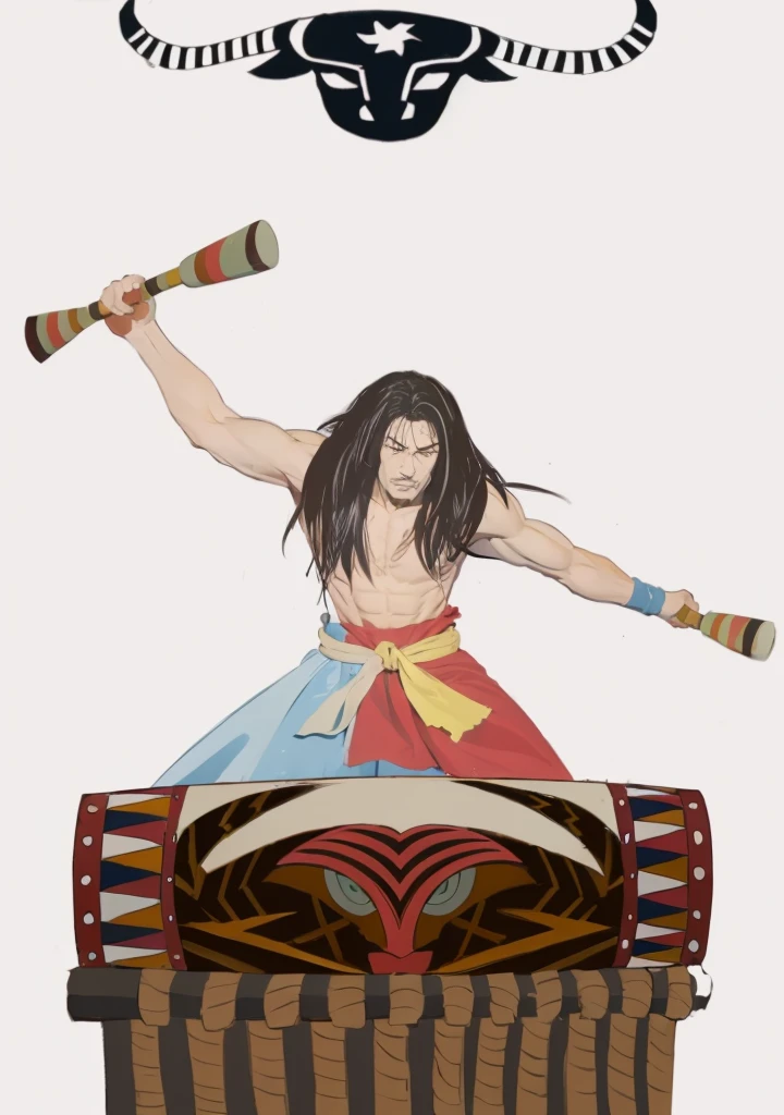 A Wa man playing drums,Wheat skin color,long hair,Strong muscles,Miyazaki style