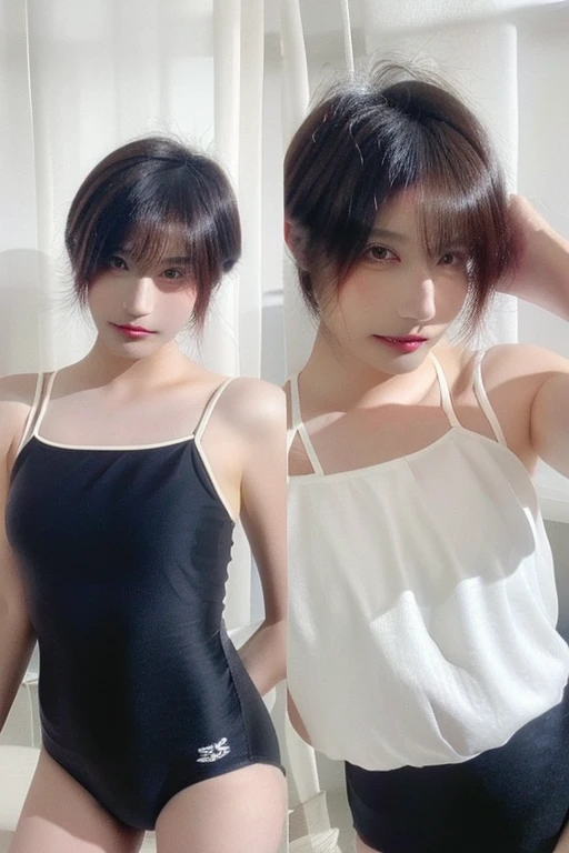30-year-old woman, Gal Makeup、Bust 102cm, Brown Hair, Small Mouth、Realistic Face、 In a school swimsuit、 Shaved pussy exposed、Full body image、Exposing breasts、High resolution