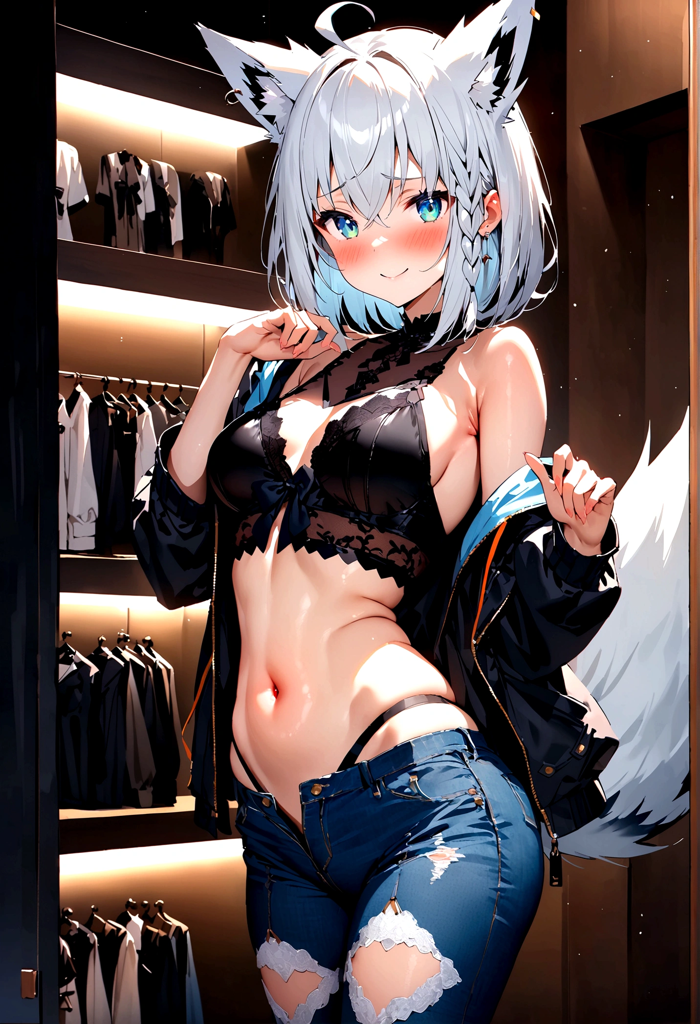 NSFW,masterpiece,Highest quality,High resolution,Super detailed,Shirakami Fubuki\(Hololive\),Gray Hair、One-sided braid、Ahoge、Earrings,Fox ears,Fox tail,Jacket,Crop top shirt,Low-rise denim pants,Embarrassed,blush,Expecting face,Bewitching Smile,Sexy smile,(Lingerie Shop),(Underwear section),High-end store,Cute pose,Date,(Seduce)