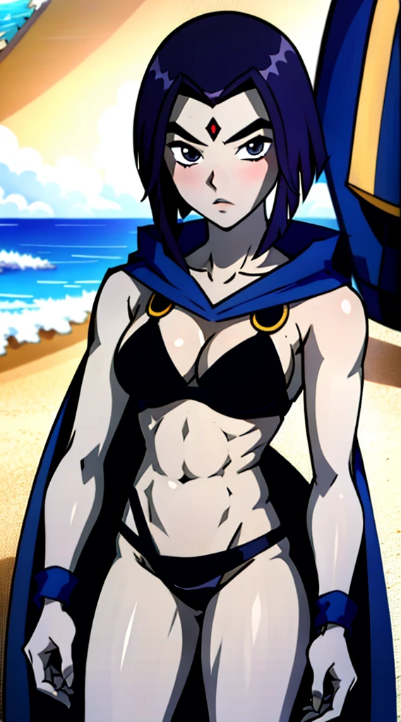 アニメ cel-shading Raven, bikini, on the beach in ((anime + manga + comics + cartoon) style) 