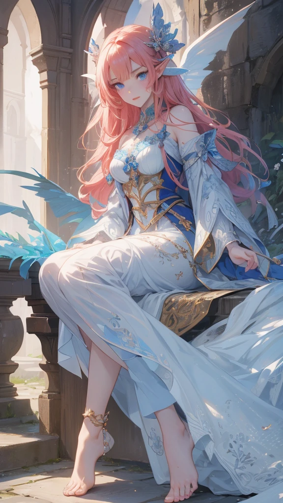 work of art, mythical effects, best resolution, ultra epic details, No defects, best result. better rendering, waifu fiery hair, ( BEAUTIFUL ELF ), ( blue eyes ) pale skin, blushed face, bare feet, wearing medieval clothing, Nature in the background, gazing at viewer, determination position, ( serious expression), sculptural body, (( ultra detailed feet and hands )), focus on the face, better quality face. ( Ultra well detailed and rendered face )