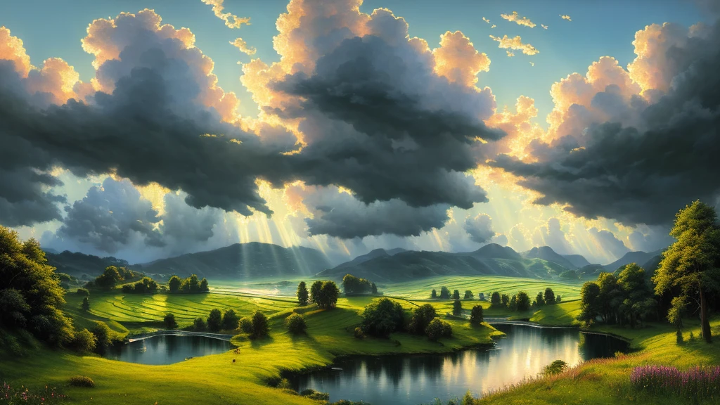 a beautiful detailed landscape oil painting, lush green meadow, rolling hills, vibrant colors, dramatic cloudy sky, serene lake, reflection, sunlight rays, impasto brushstrokes, cinematic composition, photorealistic, masterpiece, ultra-detailed, 8k, best quality, cinematic lighting, glowing warm tones