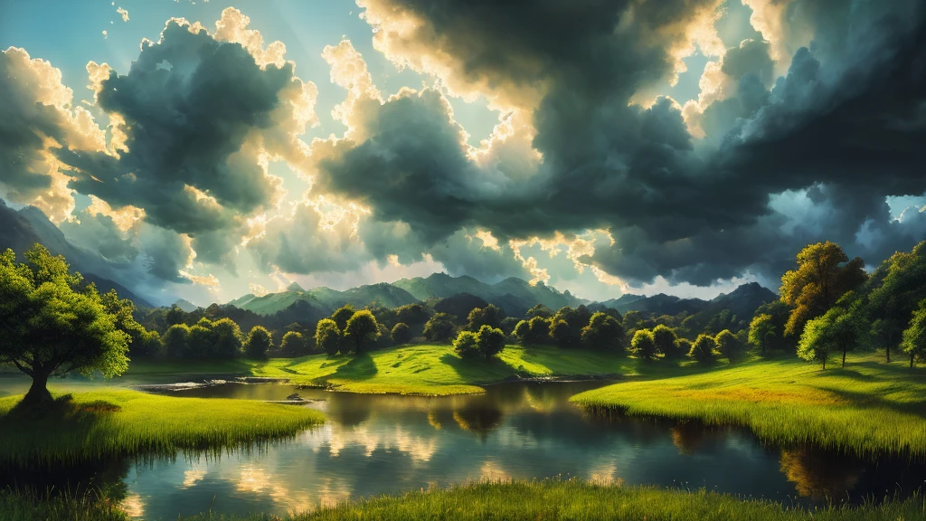a beautiful detailed landscape oil painting, lush green meadow, rolling hills, vibrant colors, dramatic cloudy sky, serene lake, reflection, sunlight rays, impasto brushstrokes, cinematic composition, photorealistic, masterpiece, ultra-detailed, 8k, best quality, cinematic lighting, glowing warm tones