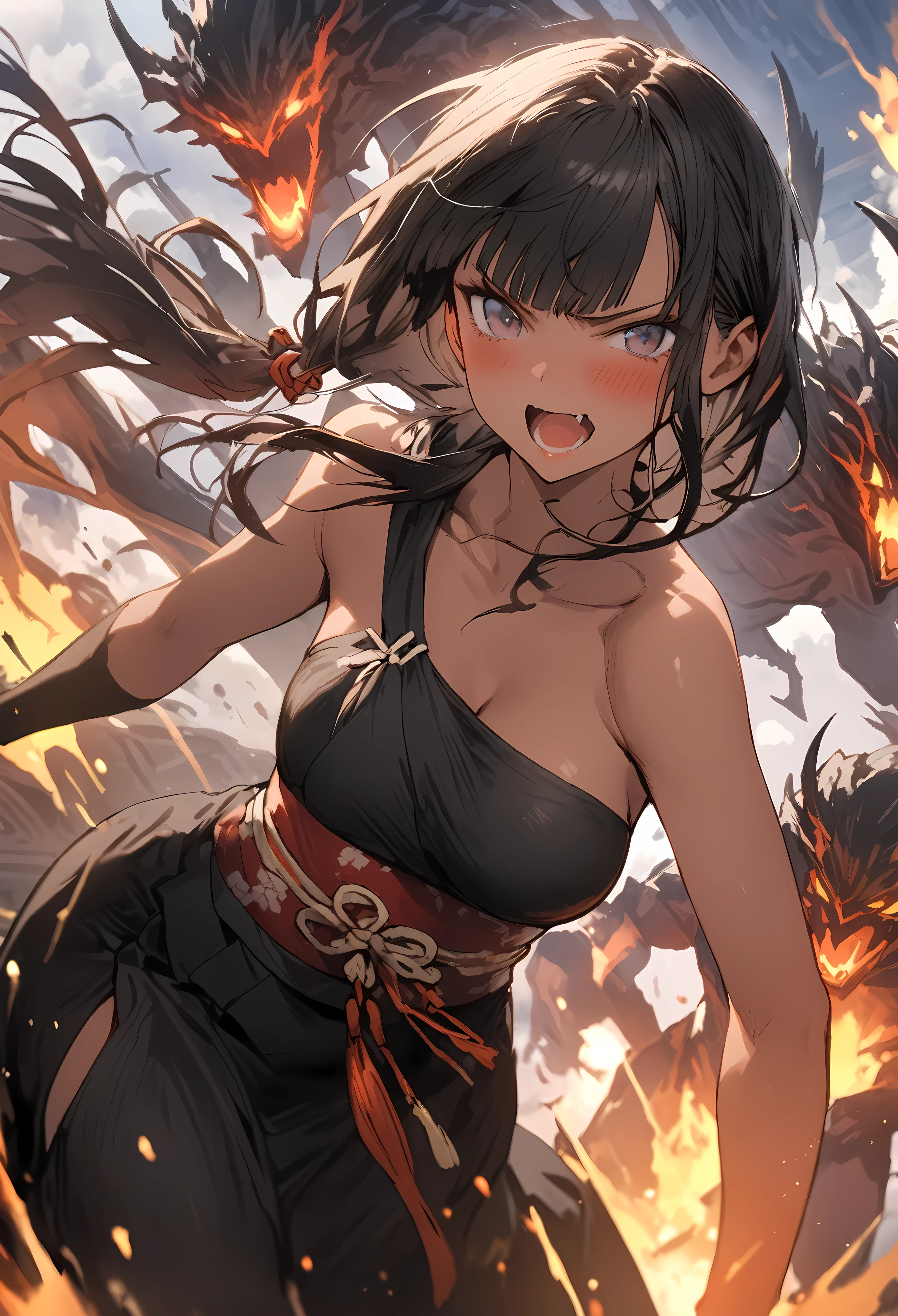 Action Scenes、(A woman fighting countless monsters),((masterpiece,Highest quality:1.3,best quality illustration)), solo,1woman,(Mature Japan beauties)、black hair,(low ponytail hair style),long hair,blunt bangs,black eyes,gorgeous eyes,((very small head:1.3)),blush,Serious expression,((very long body:1.2)),medium breasts,(tan skin), (gleaming skin,toned body,slender body, skinny),(Female Ninja Costume、A simple, patternless black kimono、、Black ide slits,Ninjutsu to make monsters explode),fly、rooftop of high-rise building、Moonlit Night、Tokyo、