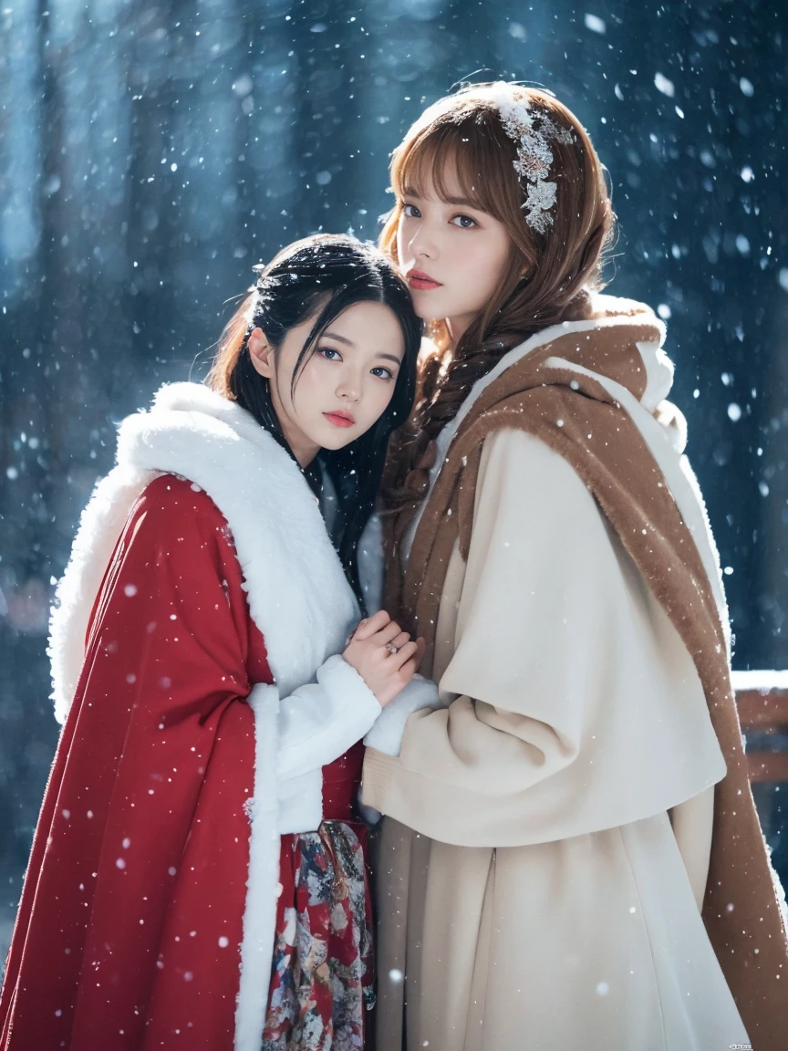 (Best quality, 8K, 32K, masutepiece, ), (High intaglio printing model),Photorealistic, high resolution, perfect anatomy, two Japan Women is deeply in love with each other, kiss,  (Lolita costume)，Gorgeous costumes，Face the audience，(The upper part of the body，upper legs)， beautidful eyes, Brown hair, ringed eyes, (outside，Heavy snowfall，Thick fur cloak，Cover with snow)，snowfield，Blue eyes，Illustrations of the highest quality，A meticulous face