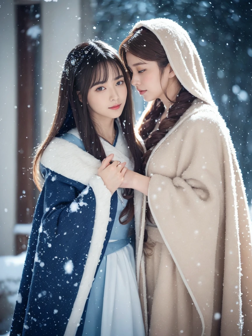 (Best quality, 8K, 32K, masutepiece, ), (High intaglio printing model),Photorealistic, high resolution, perfect anatomy, two Japan Women is deeply in love with each other, kiss, (ta costume),Gorgeous costumes,Face the audience,(The upper part of the body,upper legs), beautidful eyes, Brown hair, ringed eyes, (outside,Heavy snowfall,Thick fur cloak,Cover with snow),snowfield,Blue eyes,Illustrations of the highest quality,A meticulous face