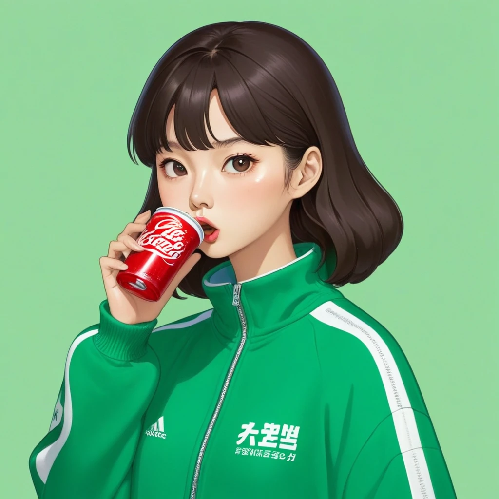 Kang Sae-byeok, Squid Game, Jung Ho-yeo,drinking soda, wearing a green squidgame tracksuit, simple background, evil expression, shes an amoral thief
