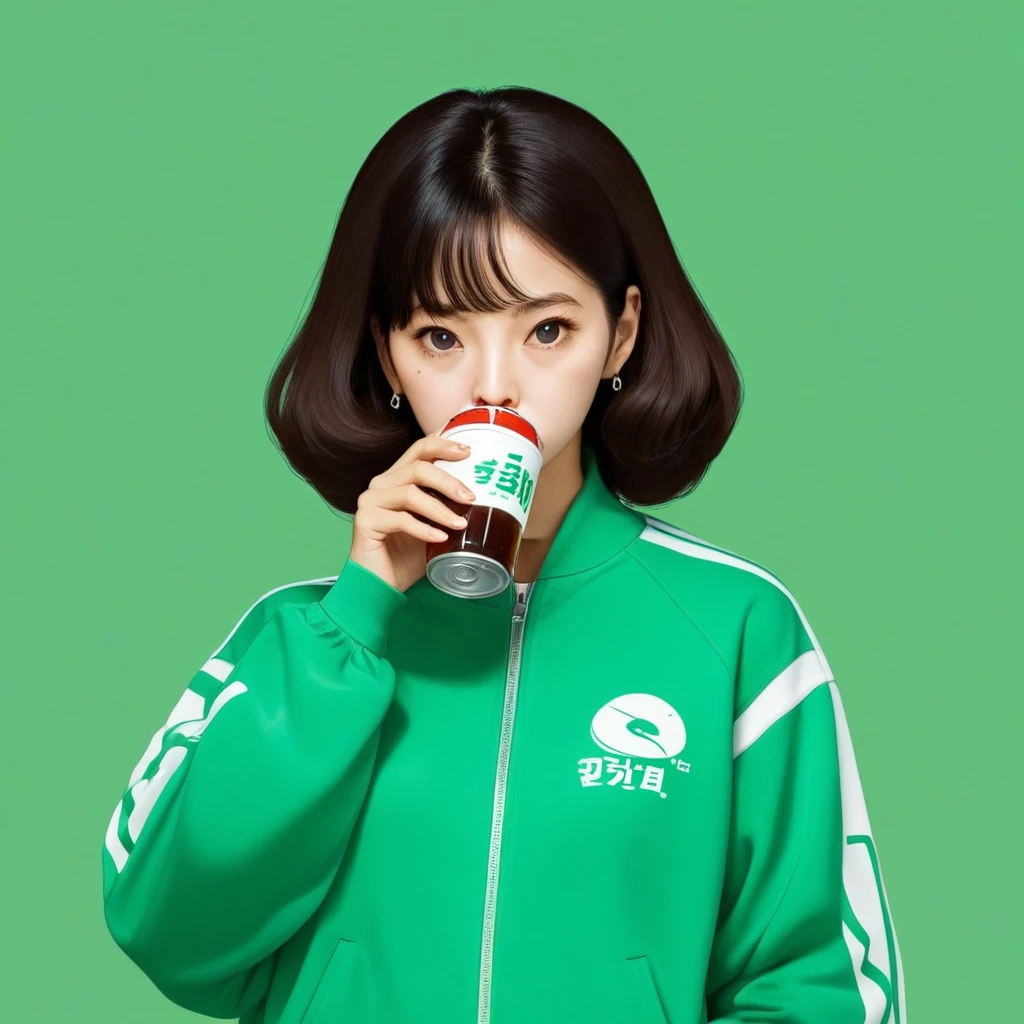 Kang Sae-byeok, Squid Game, Jung Ho-yeo,drinking soda, wearing a green squidgame tracksuit, simple background, evil expression, shes an amoral thief
