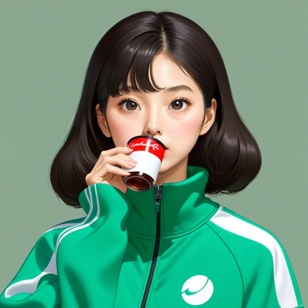 Kang Sae-byeok, Squid Game, Jung Ho-yeo,drinking soda, wearing a green squidgame tracksuit, simple background, evil expression, shes an amoral thief
