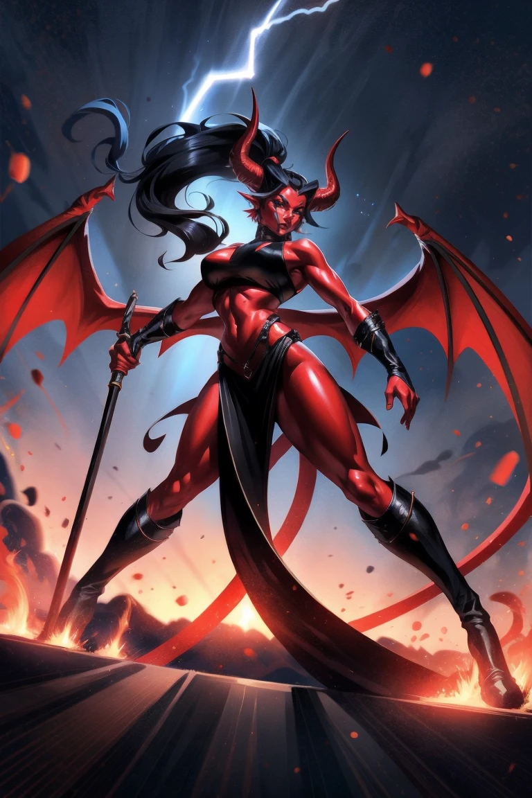 Red skin succubus tiefling, medium breasts, meaty hips, black horns, wings, huge tail, black leather, crop top, long flowing pelvic curtain, tall, athletic, graceful, thin, long black ponytail. Action scene, whip. Dark scene, explosions, night sky.