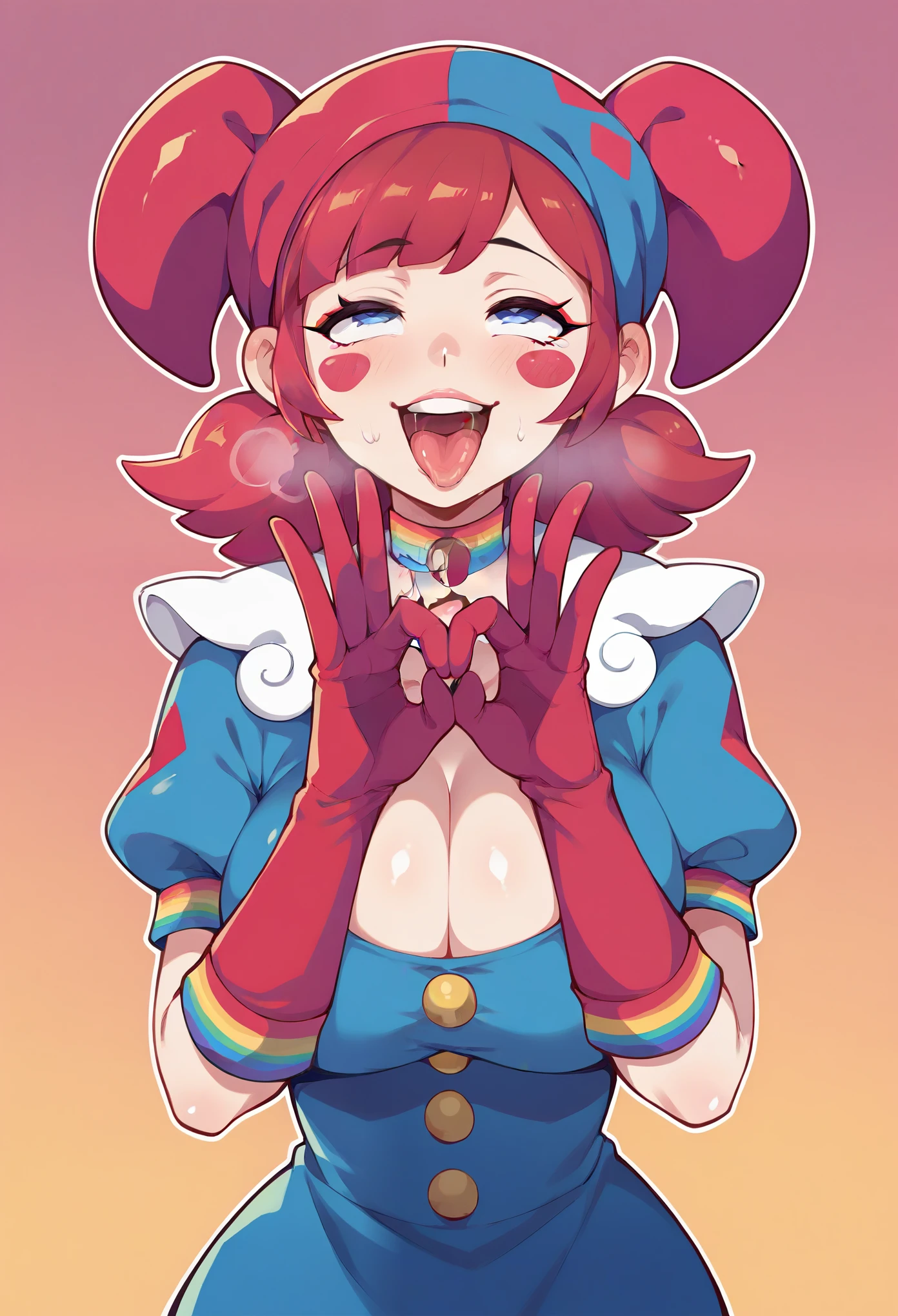 Score_9,score_8_up,score_7_up,solo,1girl,half-closed eyes,rolling eyes,open mouth,big breasts,cleavage,curvy,smile,blush,ahegao,fellatio gesture,cartoonized,gradient background,blue eyes,red eyes,mismatched eyelashes,blush stickers,pale skin,clown,jester cap,multicolored headwear,puffy sleeves,short sleeves,blue_gloves,red_gloves,