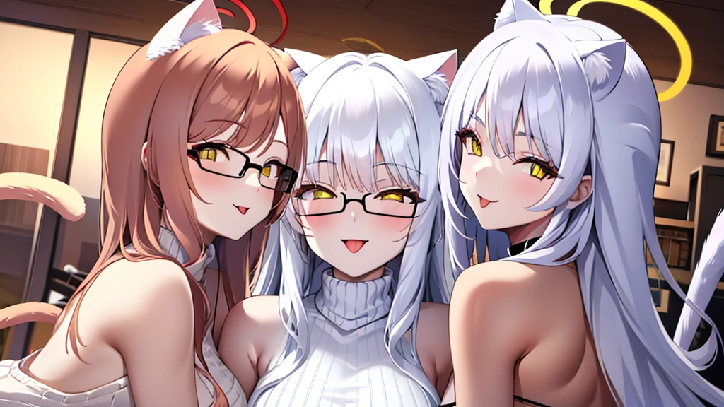 5 women, 20 year old female angels, long hair, white hair, yellow eyes, cat ears, cat tail, white angel wings. A glowing yellow halo ring overhead. Wear round glasses (White halter turtleneck sweater, white purekiller sweater, sleeveless, sexy backless sweater, white dress) White arm warmers, stick out tongue, bedroom