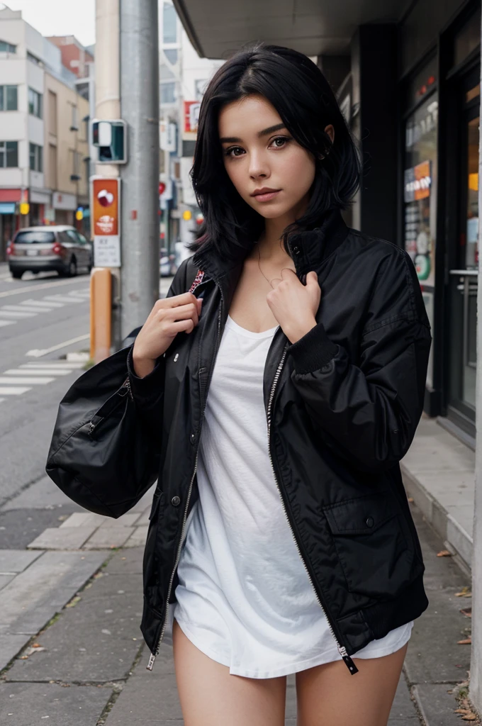 beautiful girl, wearing a red jacket, short black and white hair, hands in jacket pocket, image 2783. times 5893, distance between girl and camera 3 meters, selling anime images