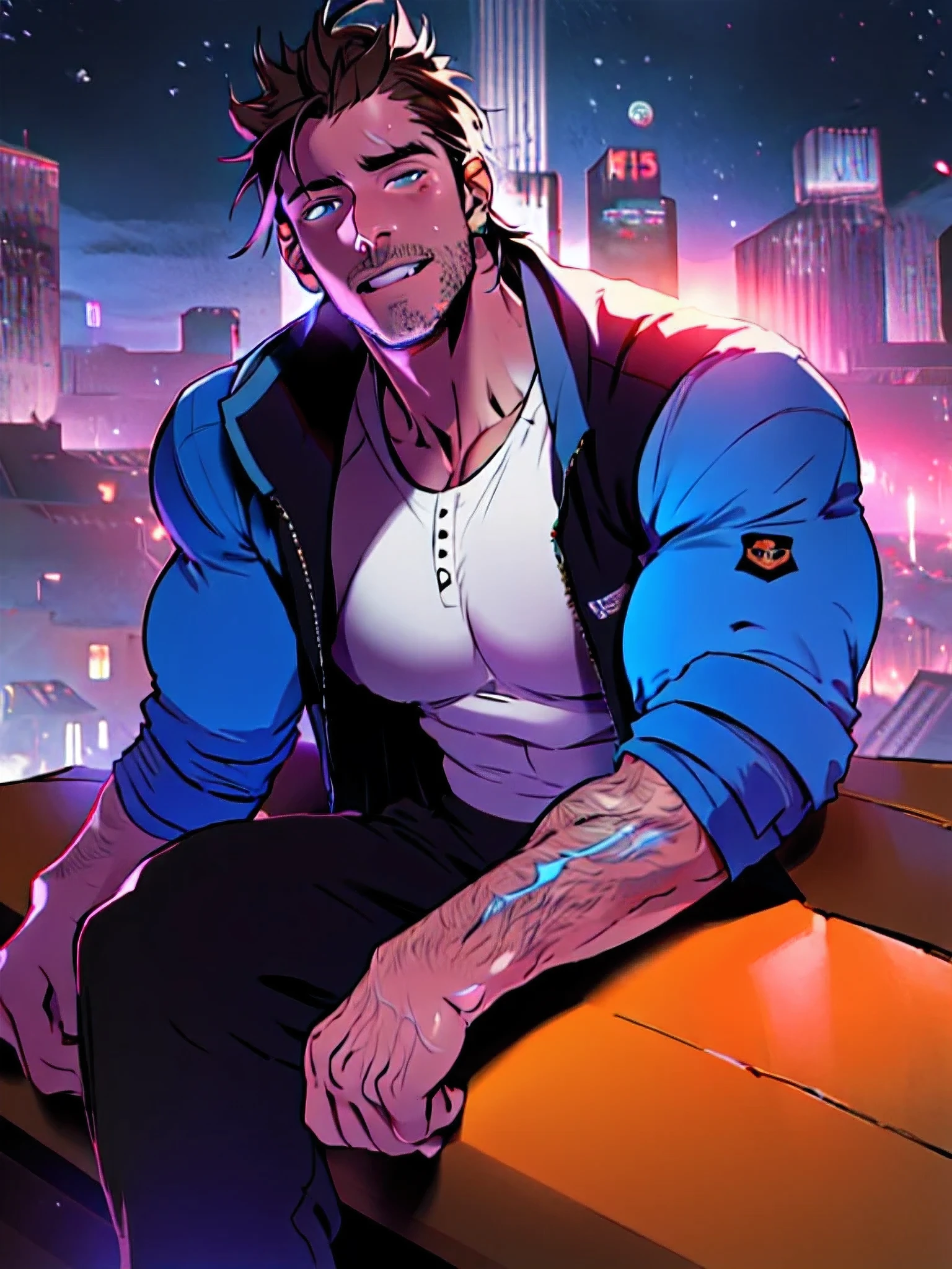 30 years old, male, ponytail, full beard, dark brown hair, sitting on top of a building, smile on face, open vest, blue clothes, bare hairy chest, neoprene pants, neon details, worked body, cyberpunk city background, starry sky, night, (Best Quality, 4k, 8k, high resolution, Masterpiece: 1.2), ultra detailed, Male portrait, very detailed face, detailed facial features, muscular build, spectacular lighting