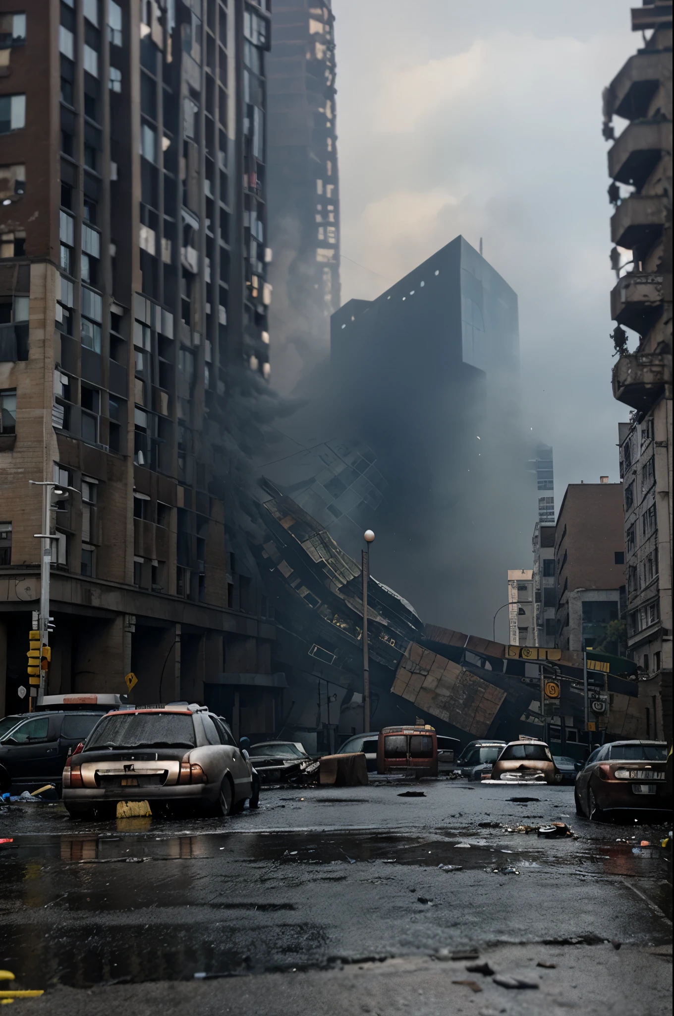 Image of a complex of curved car overpasses made of crumbling gray concrete supported by wide and tall pillars of cars passing over the center of a modern ultra futuristic abandoned city with abandoned crashed rusty and dirty rusty and upside down cars and buses standing still in the street, has dirty modern round and circular buildings in ruins, cyberpunkstyle, gray environment, image with shades of gray, rain and puddles of water on the ground, Science fiction, top view from a height of 130 meters above the ground, Nuclear apocalypse with smoke from buildings, urban scenery with poles with traffic lights turned off and wires from poles lying on the ground,  there is a rusty chain link fence around the buildings, There are billboards that have been erased and fallen from buildings, many buildings on the horizon, there are collapsed buildings, rubble and garbage in the streets, as realistic as possible, high qualiy, 4K, hyperdetailed