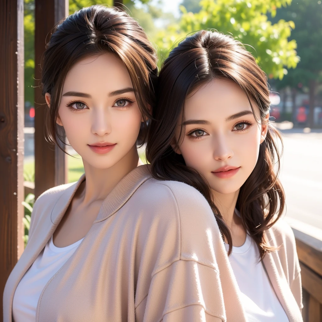 beautiful young woman, two girls, short hair, ponytail, medium long hair, twins, casual outfit, t-shirt, jacket, outdoor date setting, lover, sisters, detailed face, alluring eyes, full lips, large bust, soft lighting, warm colors, photorealistic, 8k, cinematic, beautiful detailed eyes, beautiful detailed lips, extremely detailed face and eyes, long eyelashes, intricate clothing textures, elegant posing, warm smile, romantic atmosphere