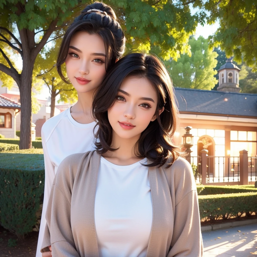 beautiful young woman, two girls, short hair, ponytail, medium long hair, twins, casual outfit, t-shirt, jacket, outdoor date setting, lover, sisters, detailed face, alluring eyes, full lips, large bust, soft lighting, warm colors, photorealistic, 8k, cinematic, beautiful detailed eyes, beautiful detailed lips, extremely detailed face and eyes, long eyelashes, intricate clothing textures, elegant posing, warm smile, romantic atmosphere