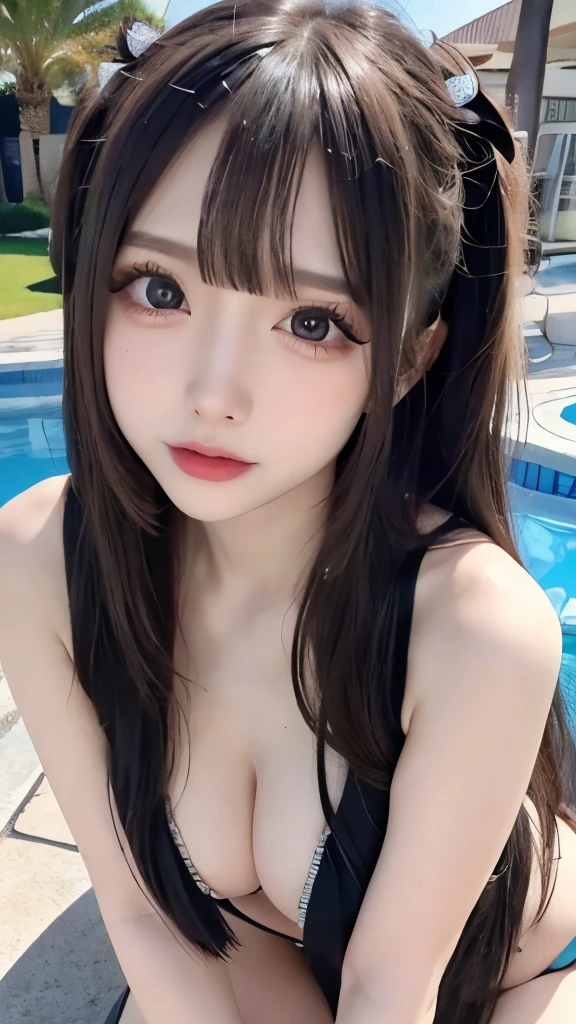 Straight hair, Shiny Hair, Very long hair, Glowing Eyes, Sparkling eyes, Big eyes, The pupils shine, Long eyelashes, compensate, Sticking out tongue, Part your lips, Bright Eyes, Totally blush, Saliva trace, tooth, Korean women, Korean Girls, realism, ハイパーrealism, UHigh resolution, masterpiece, Accurate, Anatomically correct, Super detailed, Attention to detail, high quality, 最high quality, High resolution, 1080P, 4K, High resolution,Micro Bikini,Disheveled Hair,Poolside,Sexy pose,Full Body Shot,Thighs,Detailed face,CG,Too much exposed skin,Gravure model photography