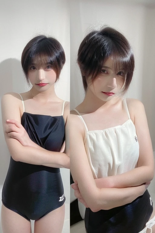 30-year-old woman, Gal Makeup、Bust 102cm, Brown Hair,  Small Mouth、Realistic Face、 In a school swimsuit、 Shaved pussy exposed、Full body image、Exposing breasts、High resolution、Arms crossed to emphasize the chest