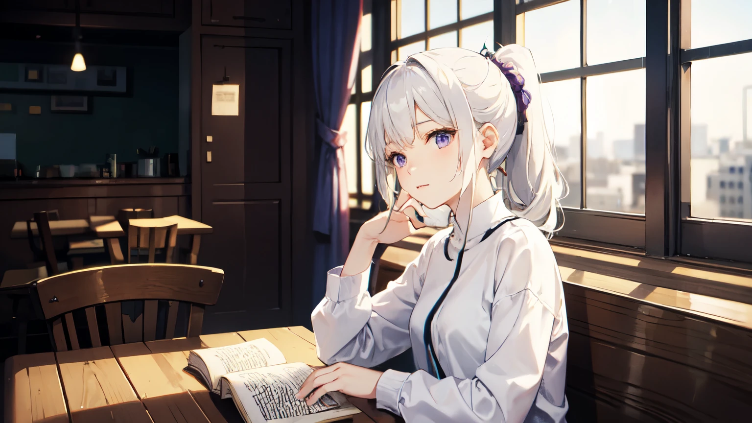 Sitting in a corner of the cafe、A beautiful girl with white hair tied in a ponytail and purple eyes.、Quietly turning the pages of a book。Outside the window, people are walking around busily々You can see the figure of。