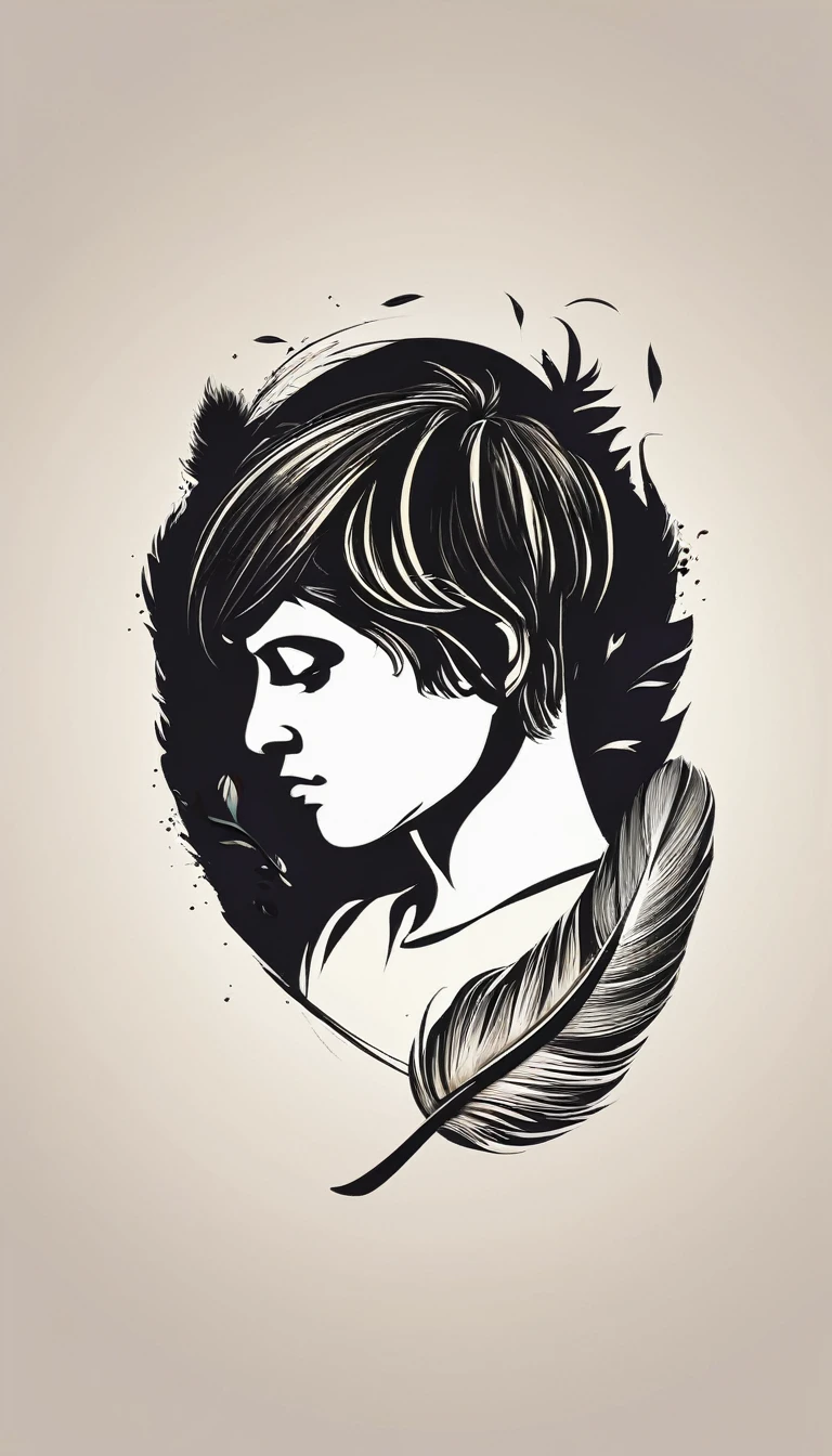 Create a minimal, modern, simple, inspirational, memorable, dream like logo design of a boy and a feather for the brand “Penamemoria".