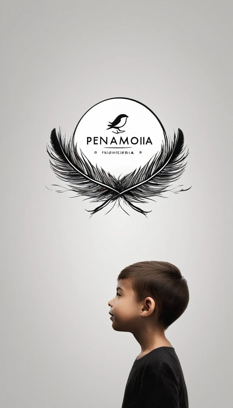 Create a minimal, modern, simple, inspirational, memorable, dream like logo design of a boy and a feather for the brand “Penamemoria".