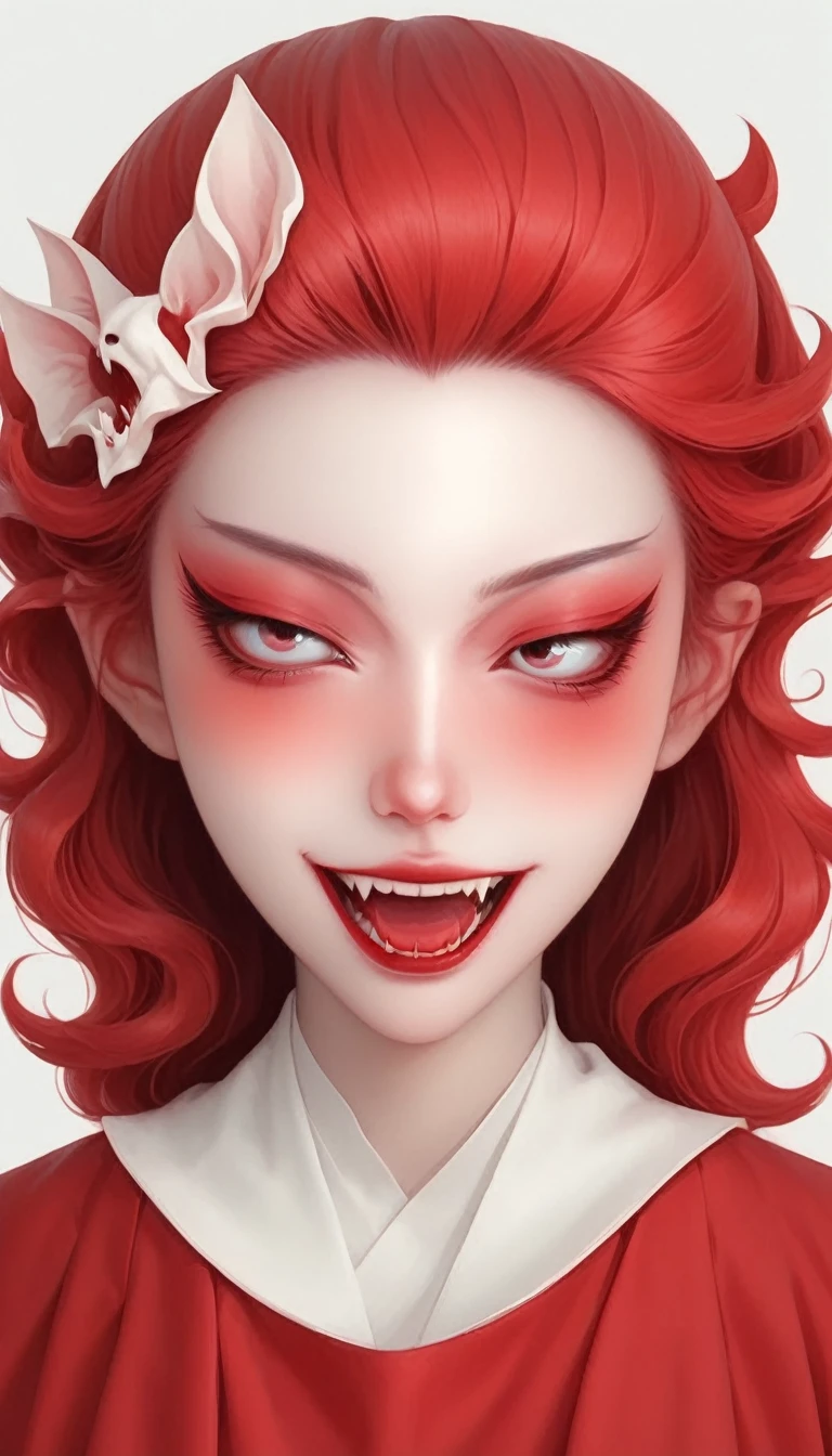 A beautiful vampire girl with fangs in red and white in the style of Hsiao Ron Cheng, cute cartoon character, minimalistic, simple design with a white background and simple colors in pastel tones with soft light and subtle shadows, sharp focus and high resolution.