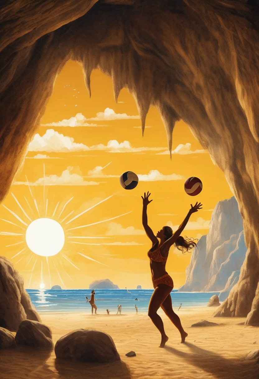 ((a cave drawing: 1.3)) of a cave woman playing volleyball at the beach at the stone age, an extraordinary beautiful cave woman wearing animal fur playing volleyball at the beach, there is ((mammoth: 1.2)) watching her play, stone age volley ball beach background, its sunny day, sun rays, masterpiece, best quality, (extremely detailed)