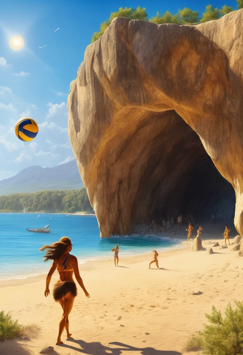 ((a cave drawing: 1.3)) of a cave woman playing volleyball at the beach at the stone age, an extraordinary beautiful cave woman wearing animal fur playing volleyball at the beach, there is ((mammoth: 1.2)) watching her play, stone age volley ball beach background, its sunny day, sun rays, masterpiece, best quality, (extremely detailed)