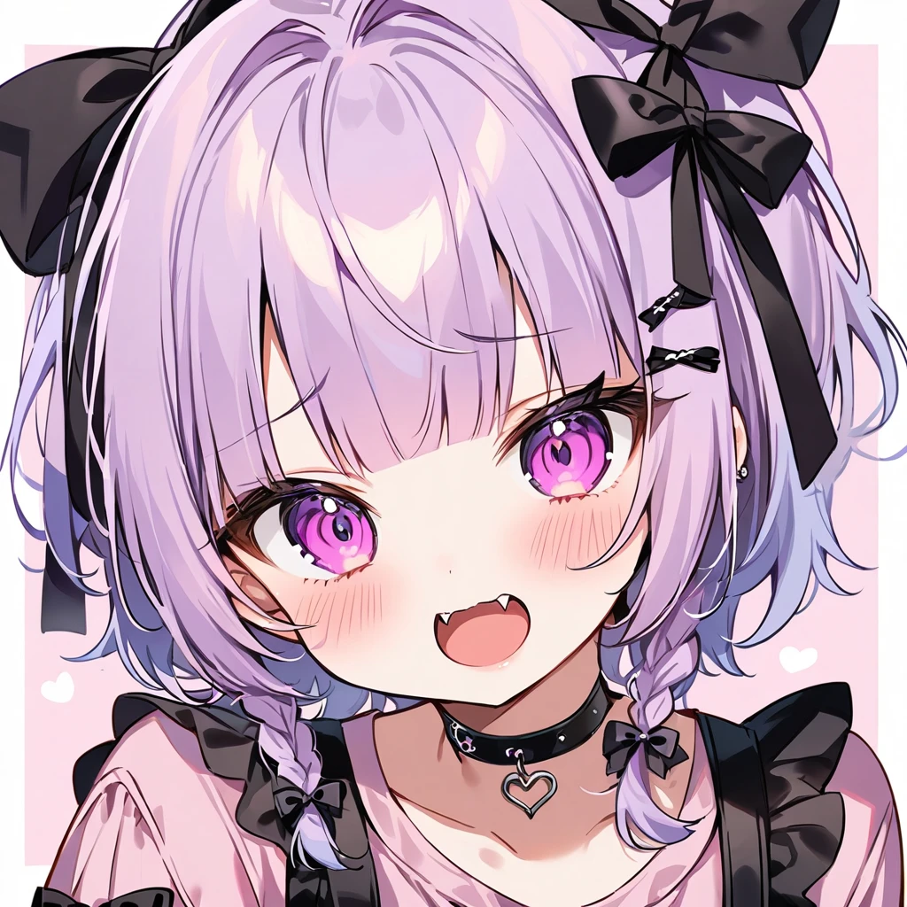 Top quality, masterpiece, chibi character, animal ear girl, peal purple and blunt bangs hair, twin braids, eyes closed, mouth wide open and screaming, blushing, smilng,fangs,(a girl with closs hair pin,
pink shirt,cosplay, jirai kei, bangs, black skirt, black bow, looking at viewer, bow, long sleeves, choker, ribbon,portrait  shot :1.4),