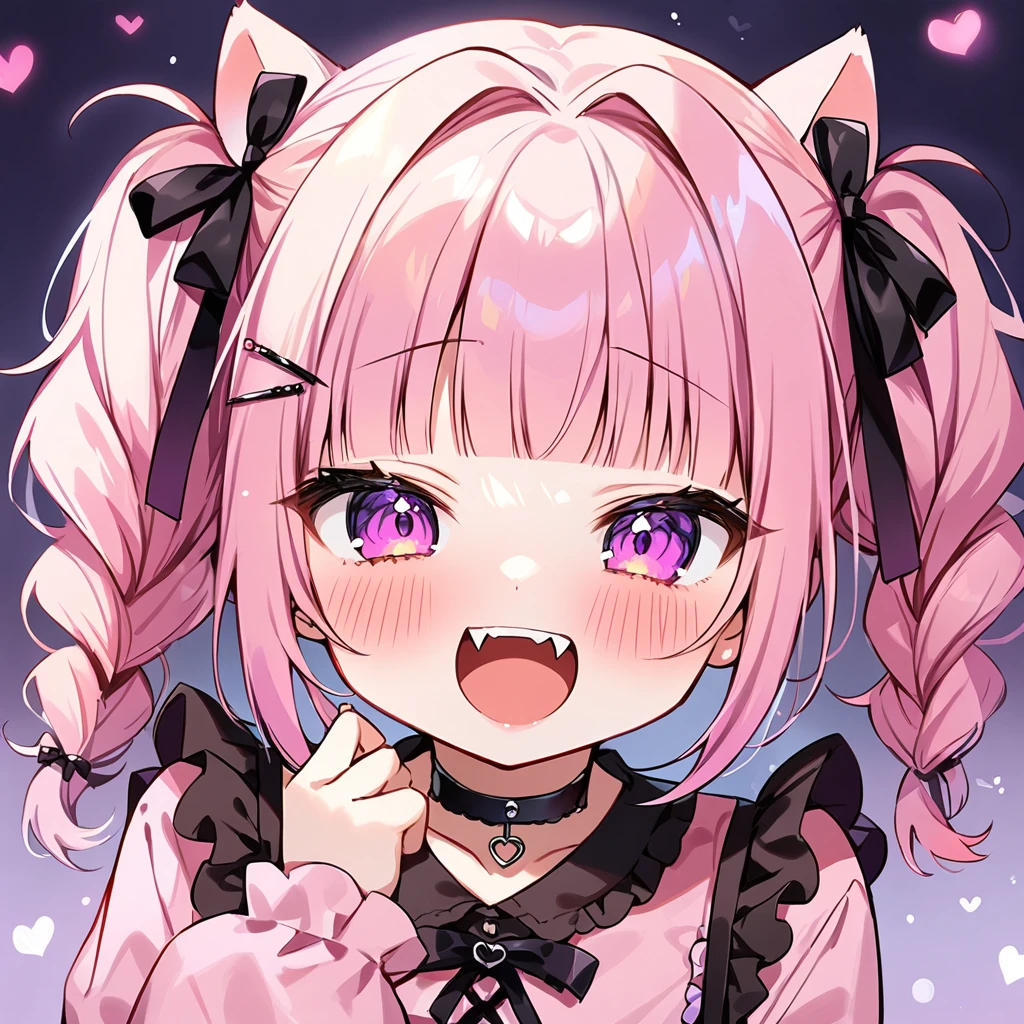 Top quality, masterpiece, chibi character, animal ear girl, peal purple and blunt bangs hair, twin braids, eyes closed, mouth wide open and screaming, blushing, smilng,fangs,(a girl with closs hair pin,
pink shirt,cosplay, jirai kei, bangs, black skirt, black bow, looking at viewer, bow, long sleeves, choker, ribbon,portrait  shot :1.4),