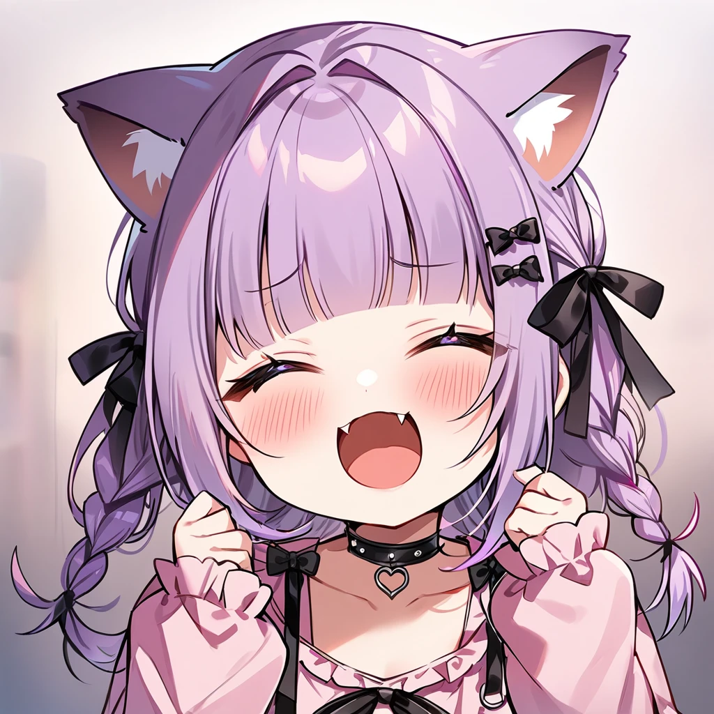 Top quality, masterpiece, chibi character, animal ear girl, peal purple and blunt bangs hair, twin braids, eyes closed, mouth wide open and screaming, blushing, smilng,fangs,(a girl with closs hair pin,
pink shirt,cosplay, jirai kei, bangs, black skirt, black bow, looking at viewer, bow, long sleeves, choker, ribbon,portrait shot :1.4),