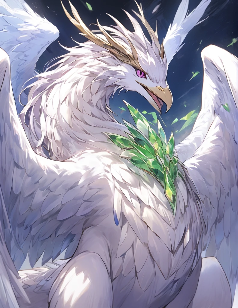 The image shows a fantastic creature that combines characteristics of a bird and a dragon, with a majestic and regal appearance.

### Physical description:
- **head**: The creature has a bird&#39;s head, similar to that of an owl, with big eyes and a curved beak. On her head there is a crown of green crystals that gives her an air of royalty..
- **body**: His body is robust and muscular, covered in white feathers with a soft shade of purple. The chest and neck are adorned with green crystal patterns that seem to emerge from her skin.
- **Alas**: It has large feathered wings that extend from its sides, with feathers ranging from white to darker purple at the tips.
- **paws**: The front legs are strong and end in sharp claws., with feathers that partially cover the extremities. The hind legs are also muscular and powerful..
- **cola**: Its tail is long and ends in a series of sharp feathers., similar to those of a bird but with a more draconic touch.

### Additional details:
- **Green Crystals**: The green crystals on his head and chest are not only decorative, They also emit a shine that accentuates their regal appearance.
- **expression**: The creature&#39;s expression is serene and proud, showing his status and power.

### General appearance:
The creature has a majestic and elegant appearance, combining elements of a bird and a dragon. Green crystals and purple feathers add a touch of fantasy and royalty, making it look like a guardian or a noble creature from a magical world.